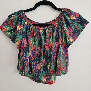 Atmosphere Tropical Floral Leaves Print Crop Top Red Blue Green Size 4 Small